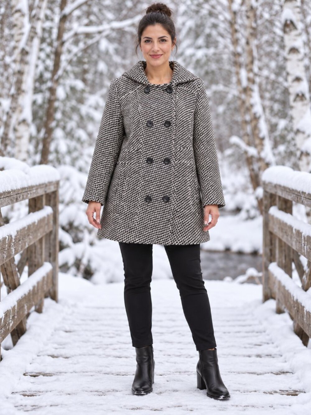 Anne Klein Black & White Houndstooth Hooded Swing Coat – XL